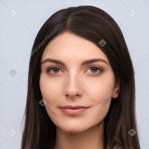 Neutral white young-adult female with long  brown hair and brown eyes