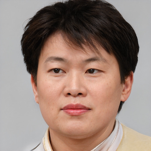 Joyful asian adult female with short  brown hair and brown eyes