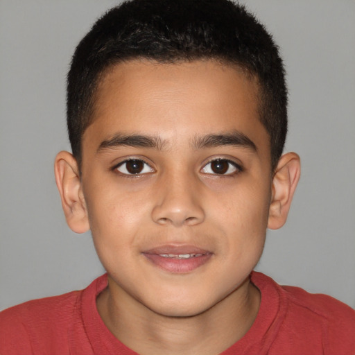 Joyful white child male with short  brown hair and brown eyes