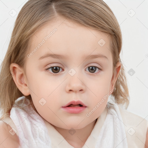 Neutral white child female with medium  brown hair and blue eyes