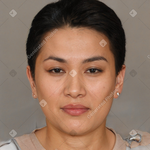 Joyful white young-adult female with short  brown hair and brown eyes