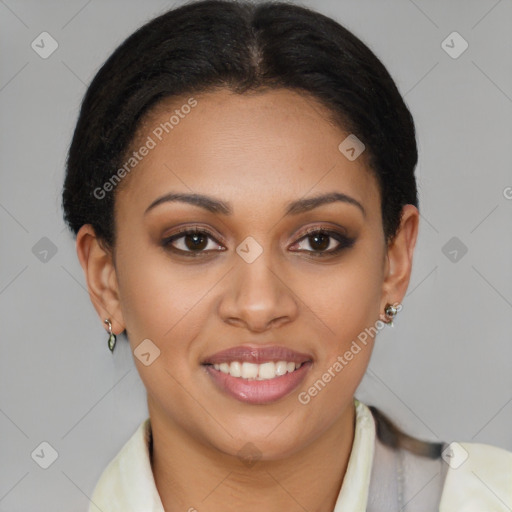 Joyful latino young-adult female with short  brown hair and brown eyes