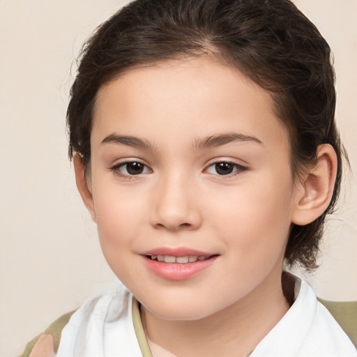 Joyful white child female with medium  brown hair and brown eyes