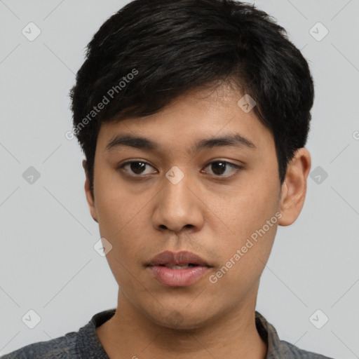 Neutral asian young-adult male with short  black hair and brown eyes