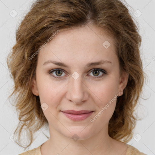 Joyful white young-adult female with medium  brown hair and green eyes