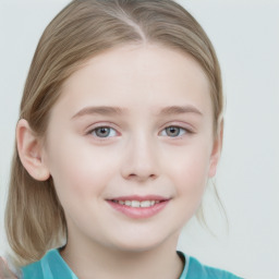 Joyful white child female with medium  brown hair and grey eyes