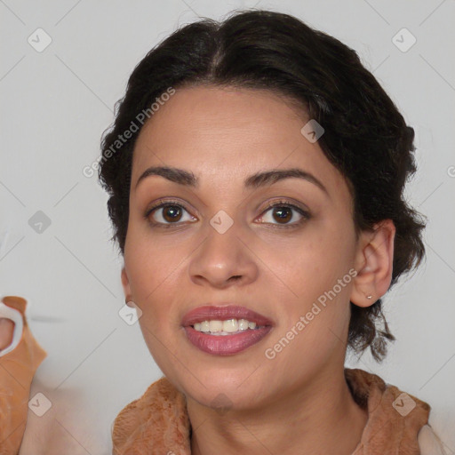 Joyful latino young-adult female with medium  brown hair and brown eyes