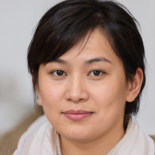 Joyful white young-adult female with medium  brown hair and brown eyes