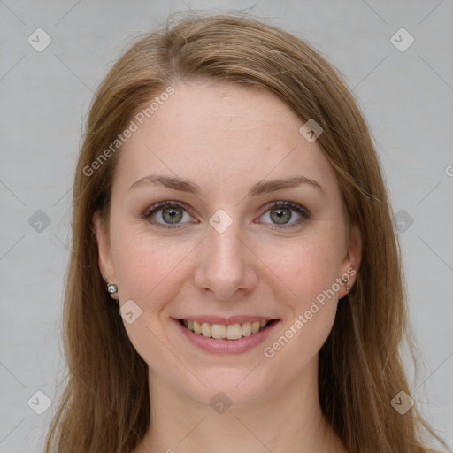 Joyful white young-adult female with long  brown hair and green eyes