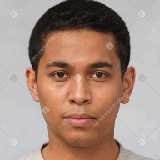 Neutral latino young-adult male with short  brown hair and brown eyes