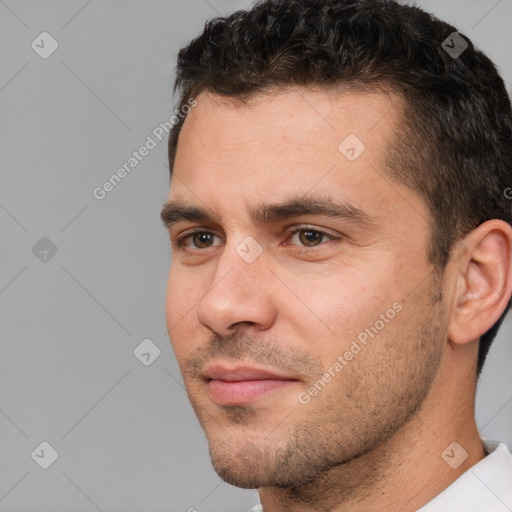 Neutral white young-adult male with short  brown hair and brown eyes