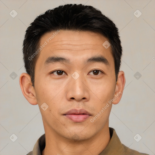 Neutral asian young-adult male with short  black hair and brown eyes