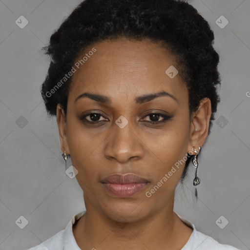 Neutral black young-adult female with short  black hair and brown eyes