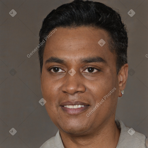 Joyful black young-adult male with short  black hair and brown eyes