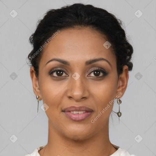 Joyful latino young-adult female with short  brown hair and brown eyes