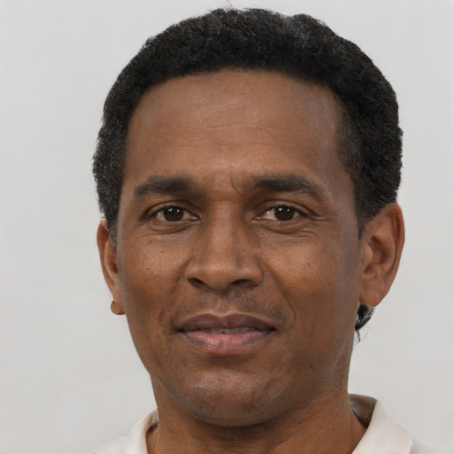 Neutral black adult male with short  brown hair and brown eyes