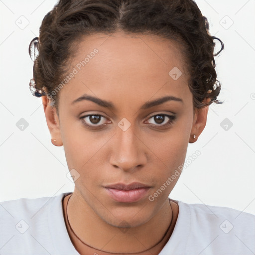 Neutral white young-adult female with short  brown hair and brown eyes