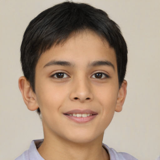 Joyful asian child male with short  brown hair and brown eyes