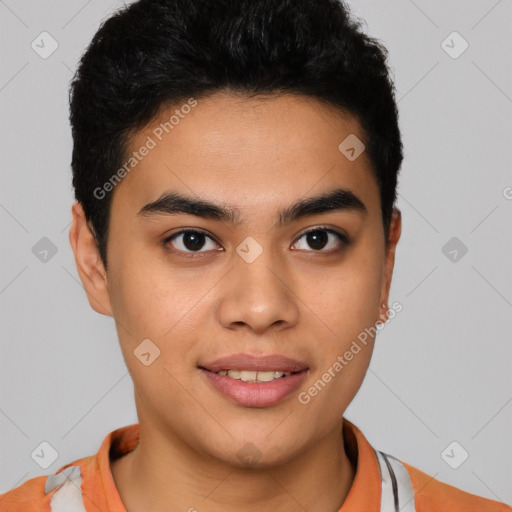 Joyful latino young-adult male with short  brown hair and brown eyes