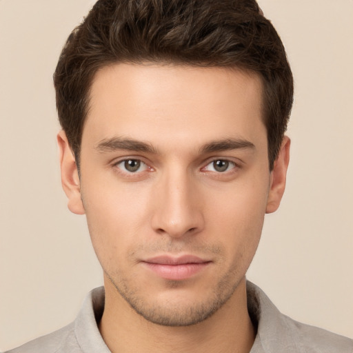 Neutral white young-adult male with short  brown hair and brown eyes