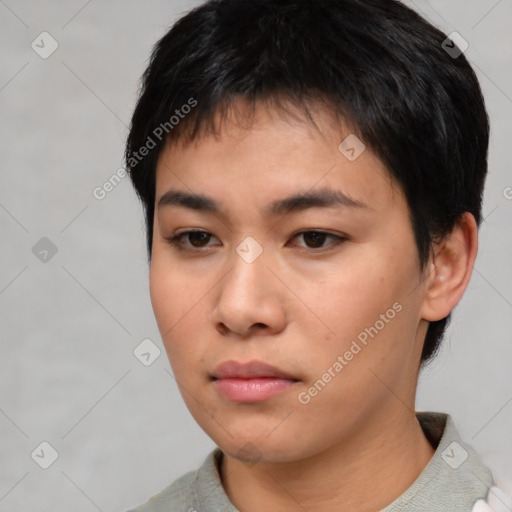 Neutral asian young-adult female with short  brown hair and brown eyes