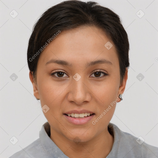 Joyful asian young-adult female with short  brown hair and brown eyes