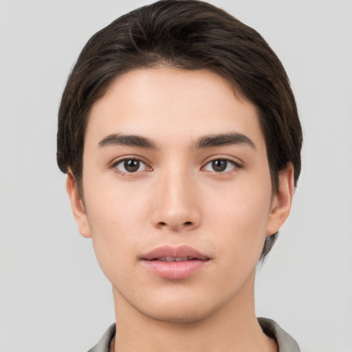 Neutral white young-adult male with short  brown hair and brown eyes