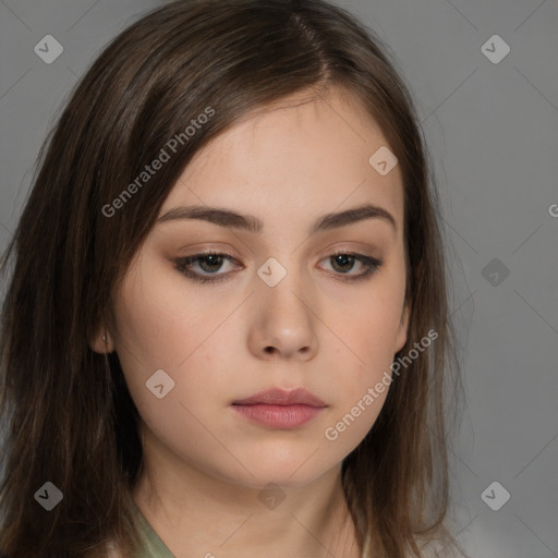 Neutral white young-adult female with long  brown hair and brown eyes