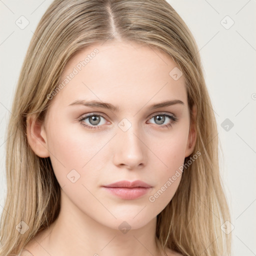 Neutral white young-adult female with long  brown hair and grey eyes