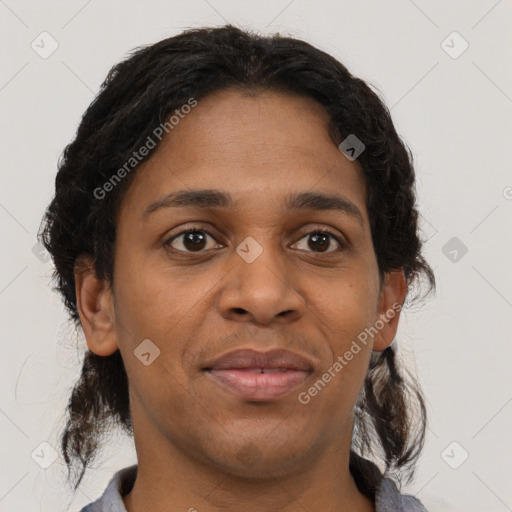 Joyful black young-adult female with medium  brown hair and brown eyes