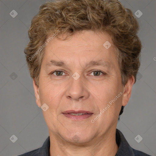 Joyful white middle-aged male with short  brown hair and brown eyes