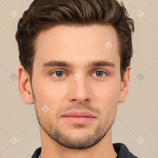 Neutral white young-adult male with short  brown hair and brown eyes