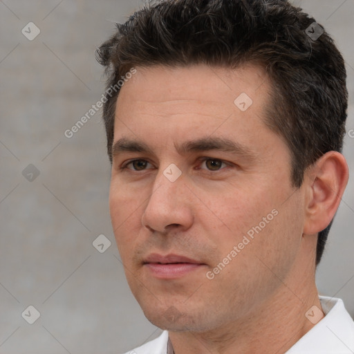 Neutral white adult male with short  brown hair and brown eyes