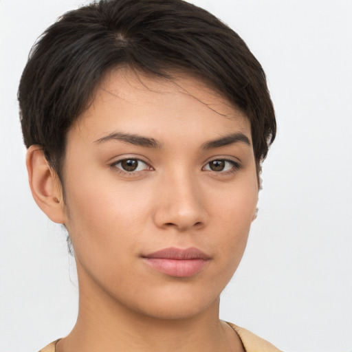 Neutral white young-adult female with short  brown hair and brown eyes