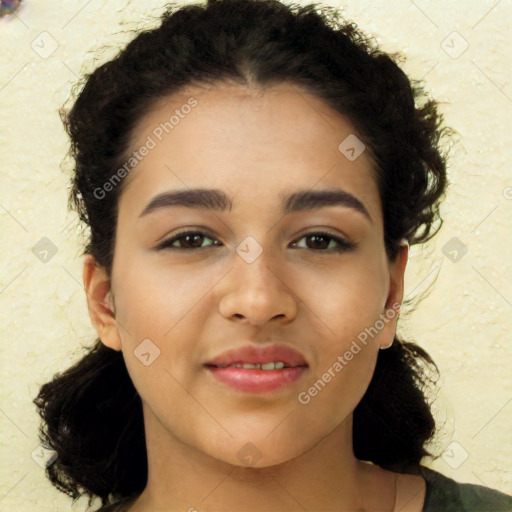 Joyful latino young-adult female with medium  black hair and brown eyes