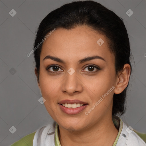 Joyful latino young-adult female with medium  brown hair and brown eyes