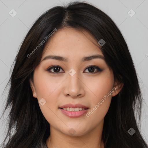 Joyful asian young-adult female with long  brown hair and brown eyes