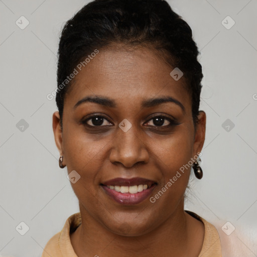 Joyful black young-adult female with short  brown hair and brown eyes