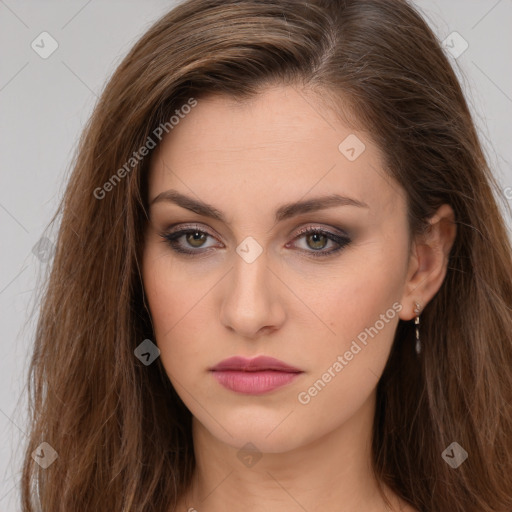 Neutral white young-adult female with long  brown hair and brown eyes