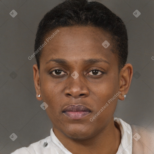 Neutral black young-adult female with short  brown hair and brown eyes