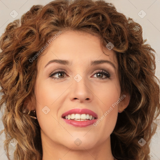 Joyful white young-adult female with long  brown hair and green eyes