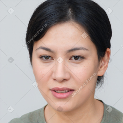 Joyful asian young-adult female with medium  brown hair and brown eyes