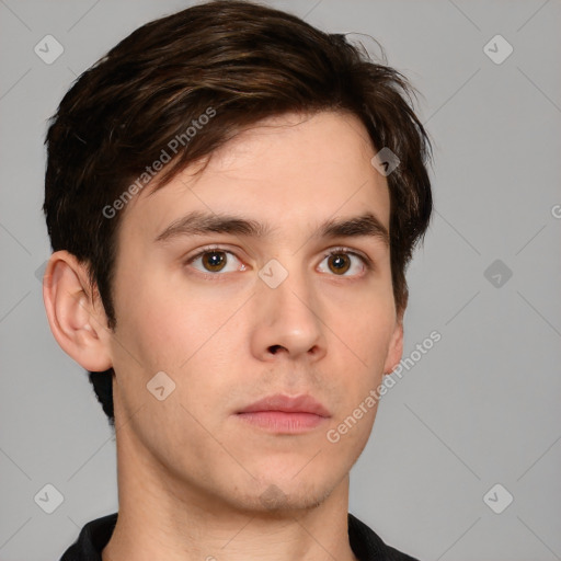 Neutral white young-adult male with short  brown hair and brown eyes