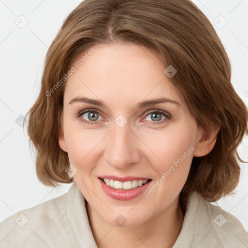 Joyful white young-adult female with medium  brown hair and green eyes