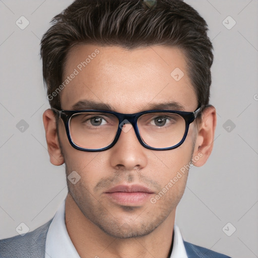 Neutral white young-adult male with short  brown hair and brown eyes