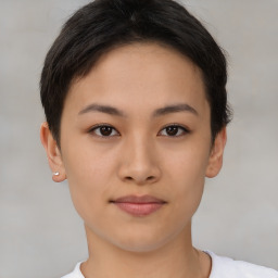 Neutral asian young-adult female with short  brown hair and brown eyes