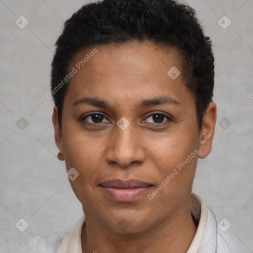 Joyful black young-adult female with short  brown hair and brown eyes