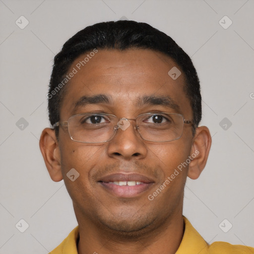 Neutral black young-adult male with short  black hair and brown eyes