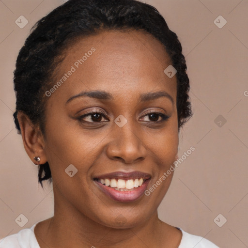 Joyful latino young-adult female with short  brown hair and brown eyes