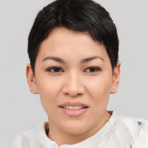 Joyful asian young-adult female with short  brown hair and brown eyes